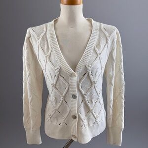 Soft Surroundings Cream Pearl Embroidery Beaded Cable Knit Cardigan Sz M Boho